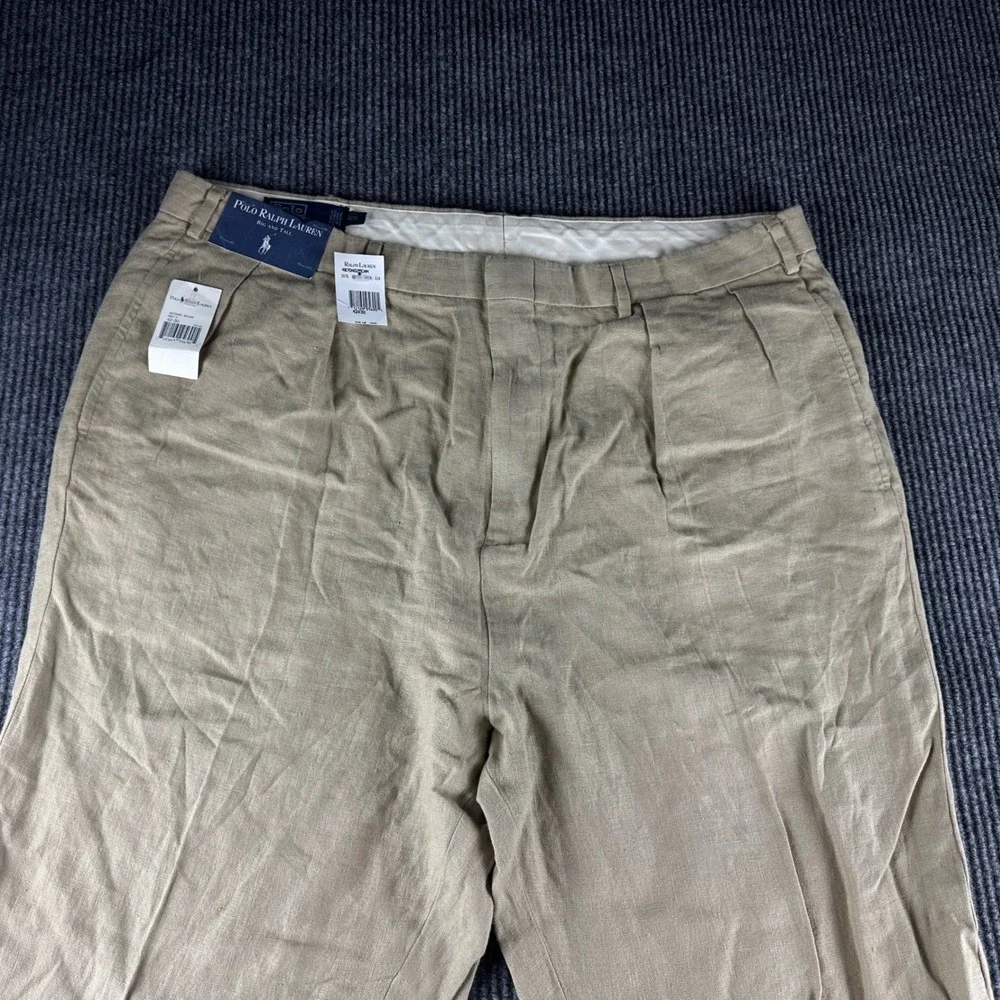 Polo Ralph Lauren Mens 42x30 Pleated Linen Khaki Dress Pants Big & Tall VTG